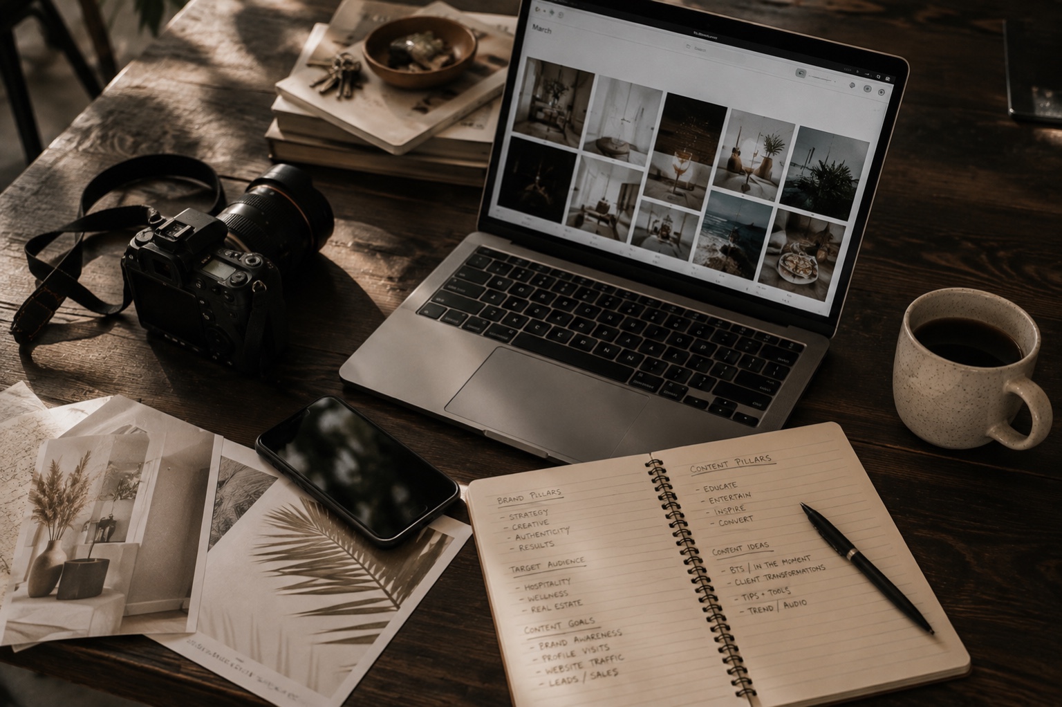 Editorial Click & Curate strategy desk with laptop, camera, and content notes